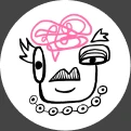 Black illustrated face with pink hair inside a white circle