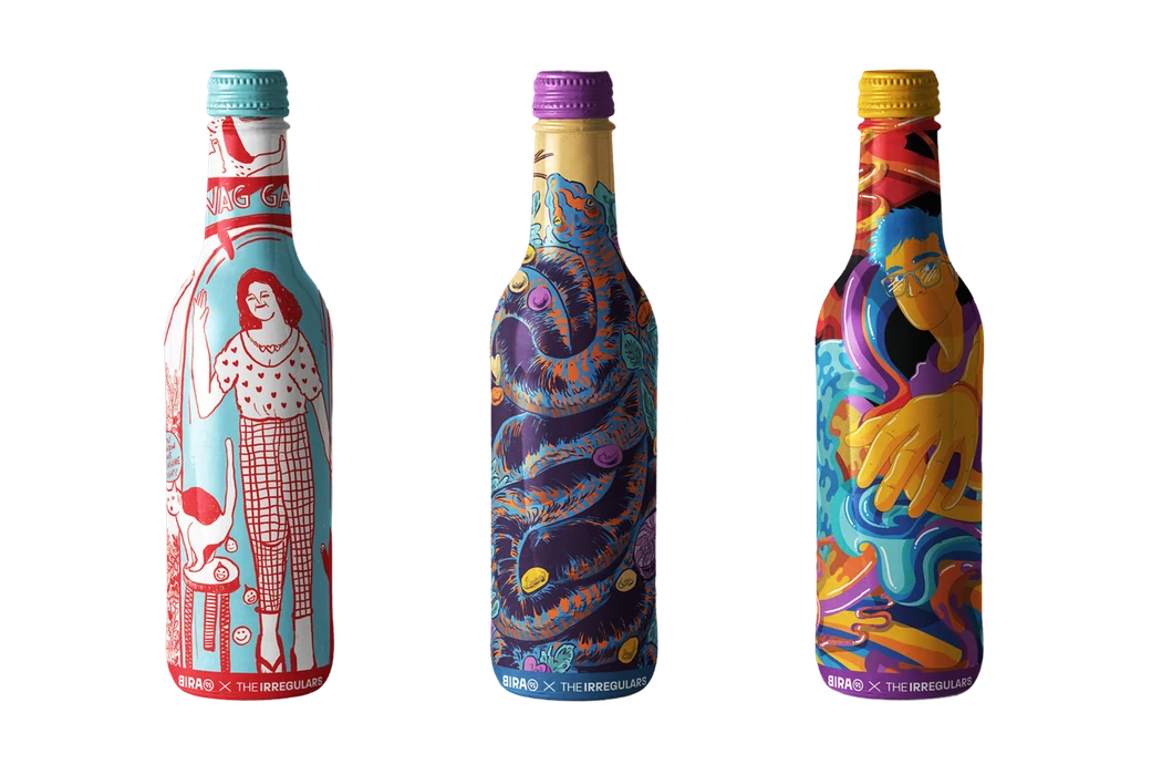 Illustrated blue and gold bottle with a purple cap