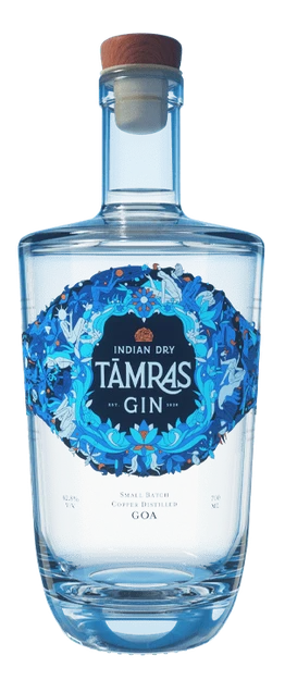Tamras Gin blue botanical glass bottle