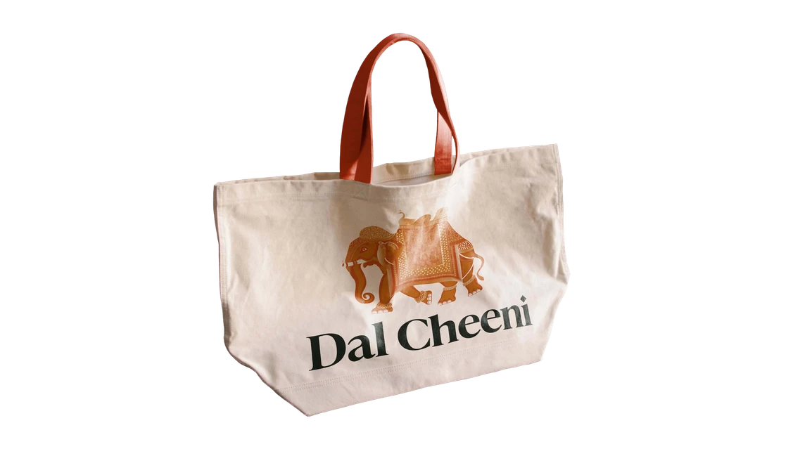 Dal Cheeni canvas tote bag with an orange elephant